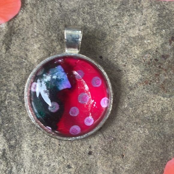 Handmade Silver Polka dotted Alcohol Ink Art Under Domed Glass Set In Silvertone - Picture 1 of 3